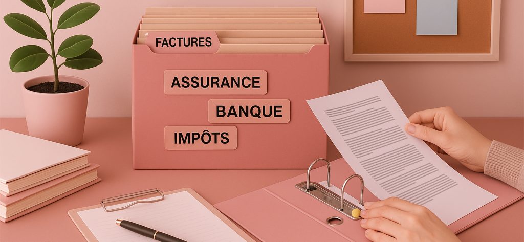 Organisation de documents administratifs dans un classeur rose avec des dossiers étiquetés “Factures”, “Assurance”, “Banque” et “Impôts” sur un bureau rangé.
