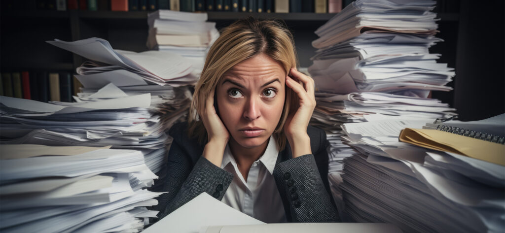 Professionnel submergé par une pile de documents au bureau